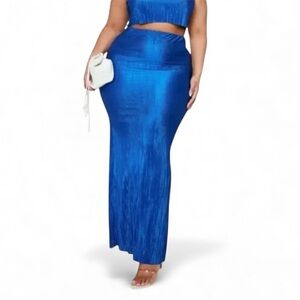 NWT PrettyLittleThing Plus Blue Plisse Maxi Skirt 22 Tall High Waist Pleated